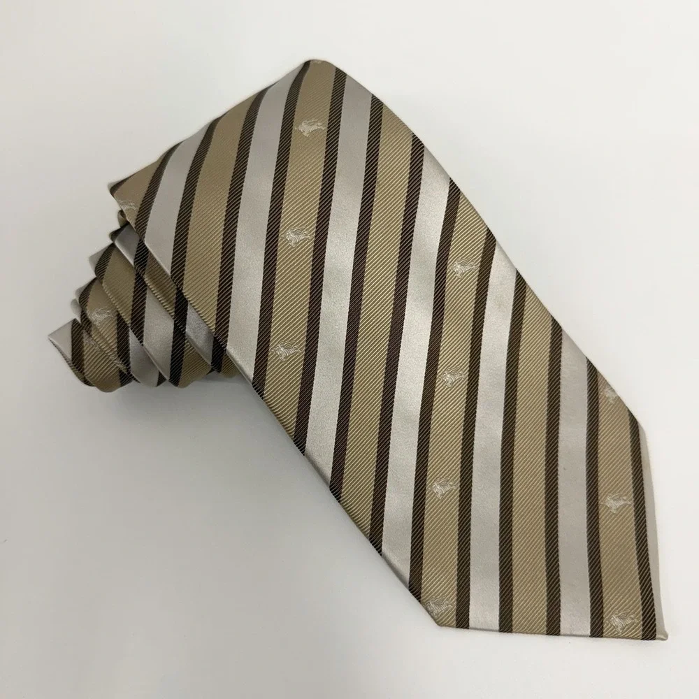 Burberry London Men's Tie Striped Equestrian Knight Logo Khaki Silk 3.5